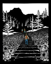 Load image into Gallery viewer, Greeting Card  #19 Happy Place, people hiking trail with mountain, trees and flowers by artist Elizabeth VanDuine